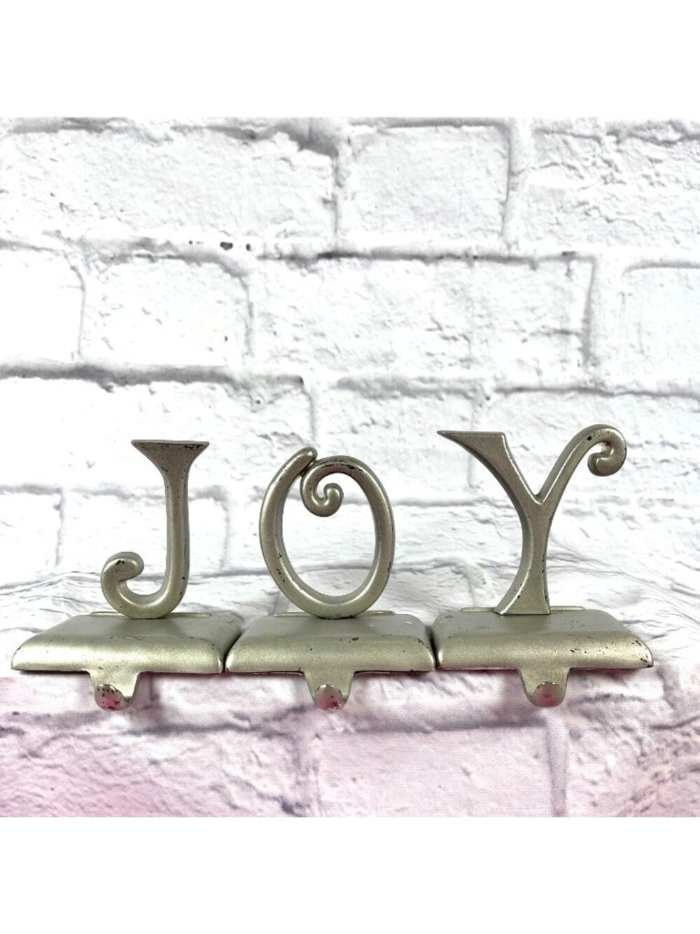 Vintage Pottery Barn Silver JOY Christmas Stocking Holders Weighted Mantel Hooks